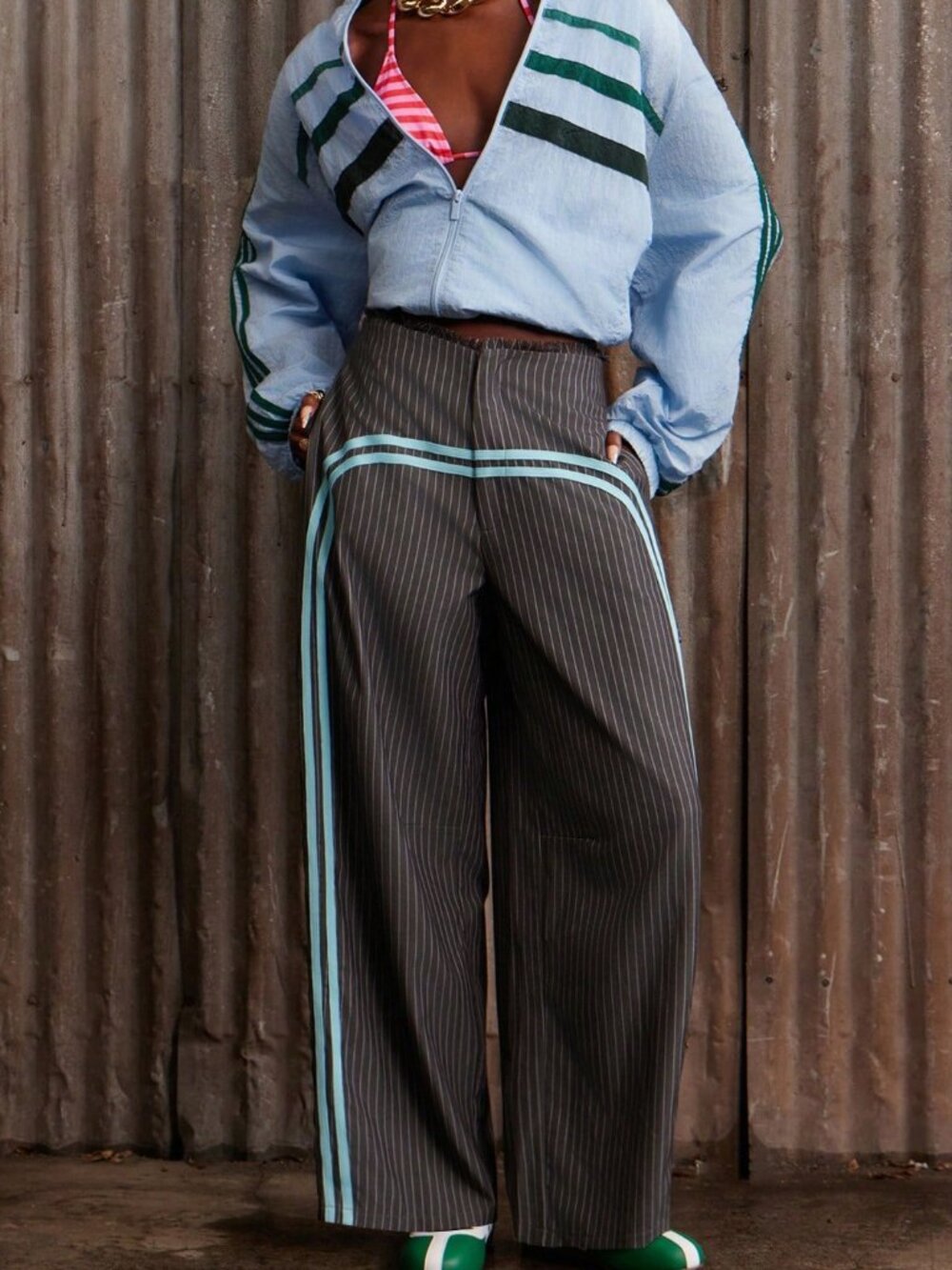 Dark Grey Casual Women's Long striped Wide-Leg Pants - Picture 4 of 7